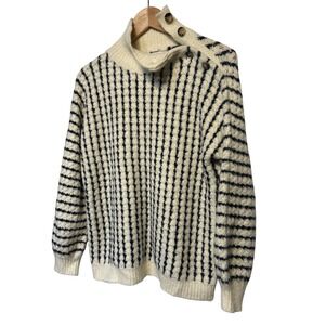 Frnch Paris Stripe Mock Neck Button Shoulder‎ Knit Sweater Cream Black Size S/M